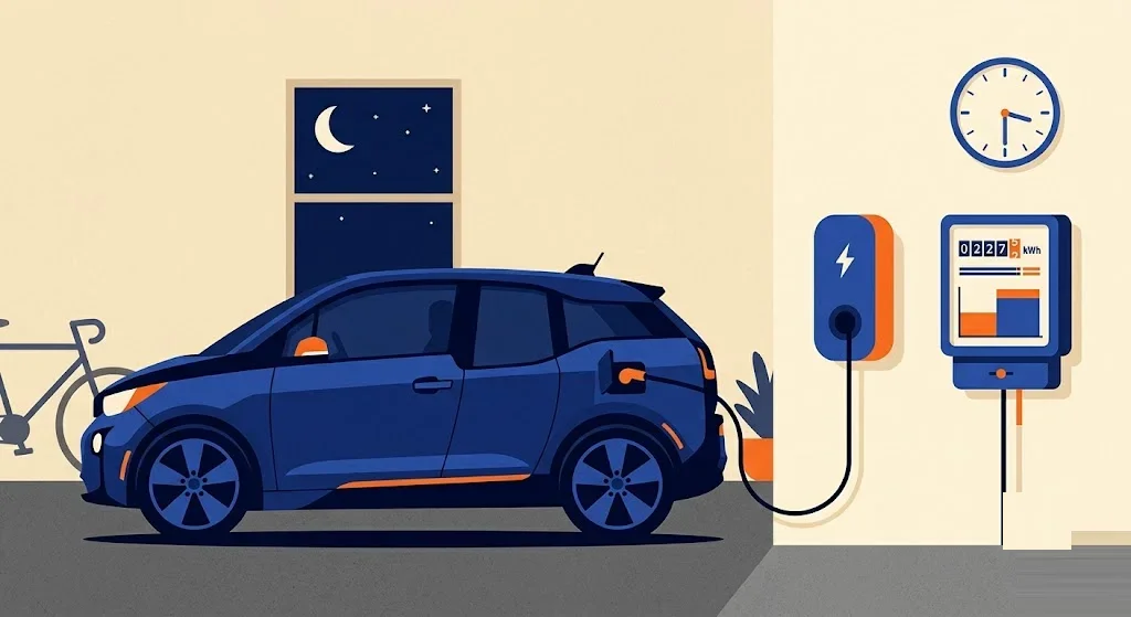 Ilustración de un coche eléctrico cargando de madrugada en un punto de recarga doméstico, junto a un contador que muestra dos franjas de tarifa de distinto grosor